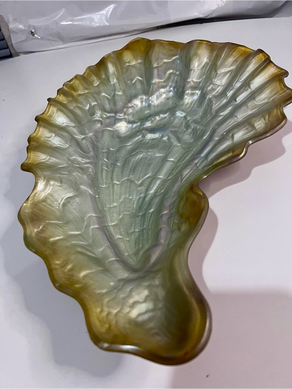 Iridescent Green and Gold Art Glass Decorative Bowl